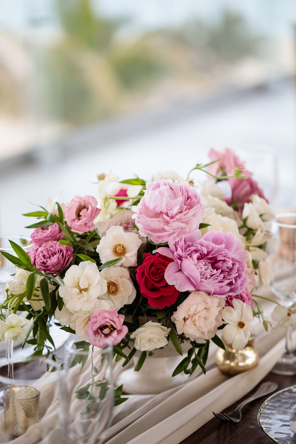 Flowers Floral Urn Arrangement Pink Peony Red Rose Cream Foliage Los Cabos Wedding Anna Gomes Photo