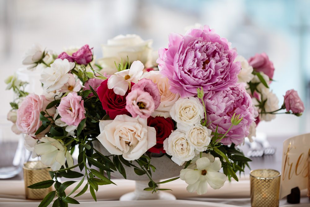 Flowers Floral Urn Arrangement Pink Peony Red Rose Cream Foliage Los Cabos Wedding Anna Gomes Photo