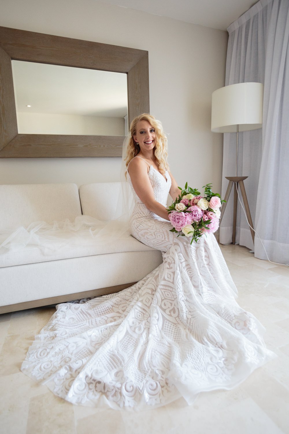 Dress Gown Bride Bridal Train Straps Beaded Fit and Flare Los Cabos Wedding Anna Gomes Photo
