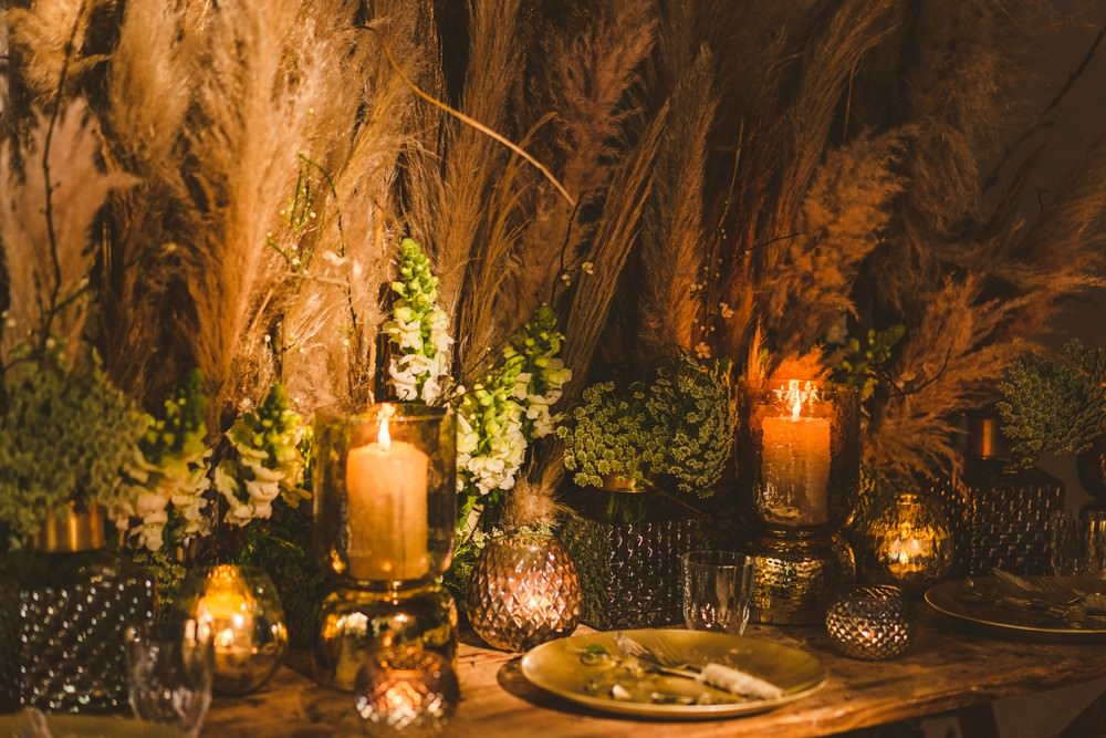 Table Tablescape Decor Flowers Centrepiece Candles Pampas Grass Wedding Ideas Tim Stephenson Photography