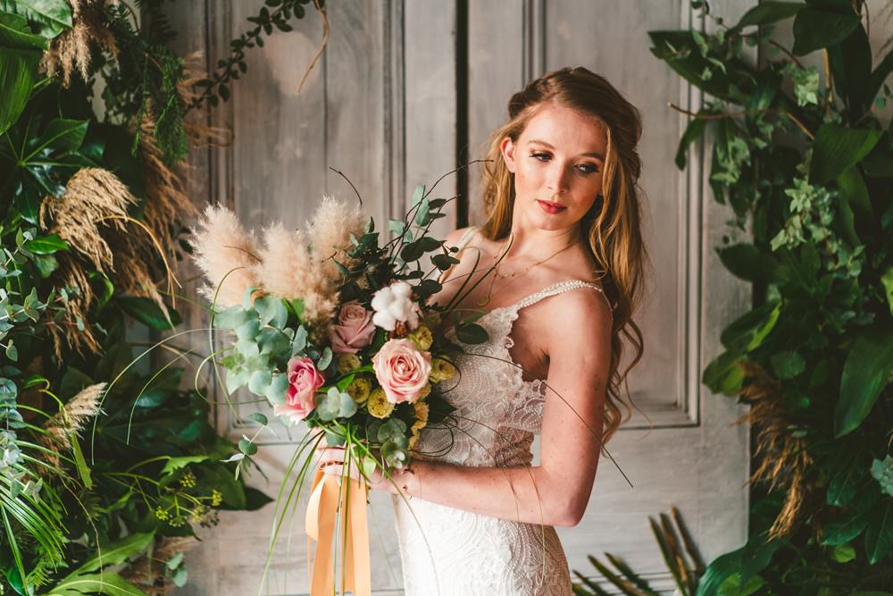 Bouquet Flowers Bride Bridal Rose Cotton Eucalyptus Pampas Grass Wedding Ideas Tim Stephenson Photography