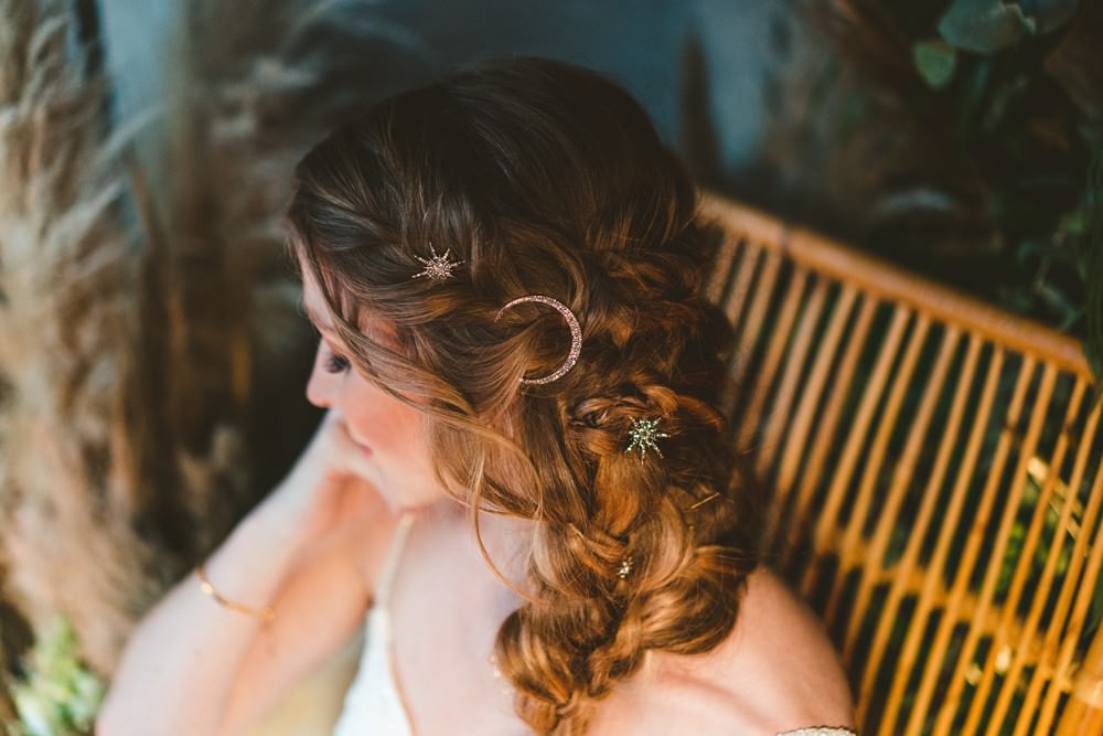 Hair Bride Bridal Style Plait Braid Celestial Star Moon Accessory Pampas Grass Wedding Ideas Tim Stephenson Photography