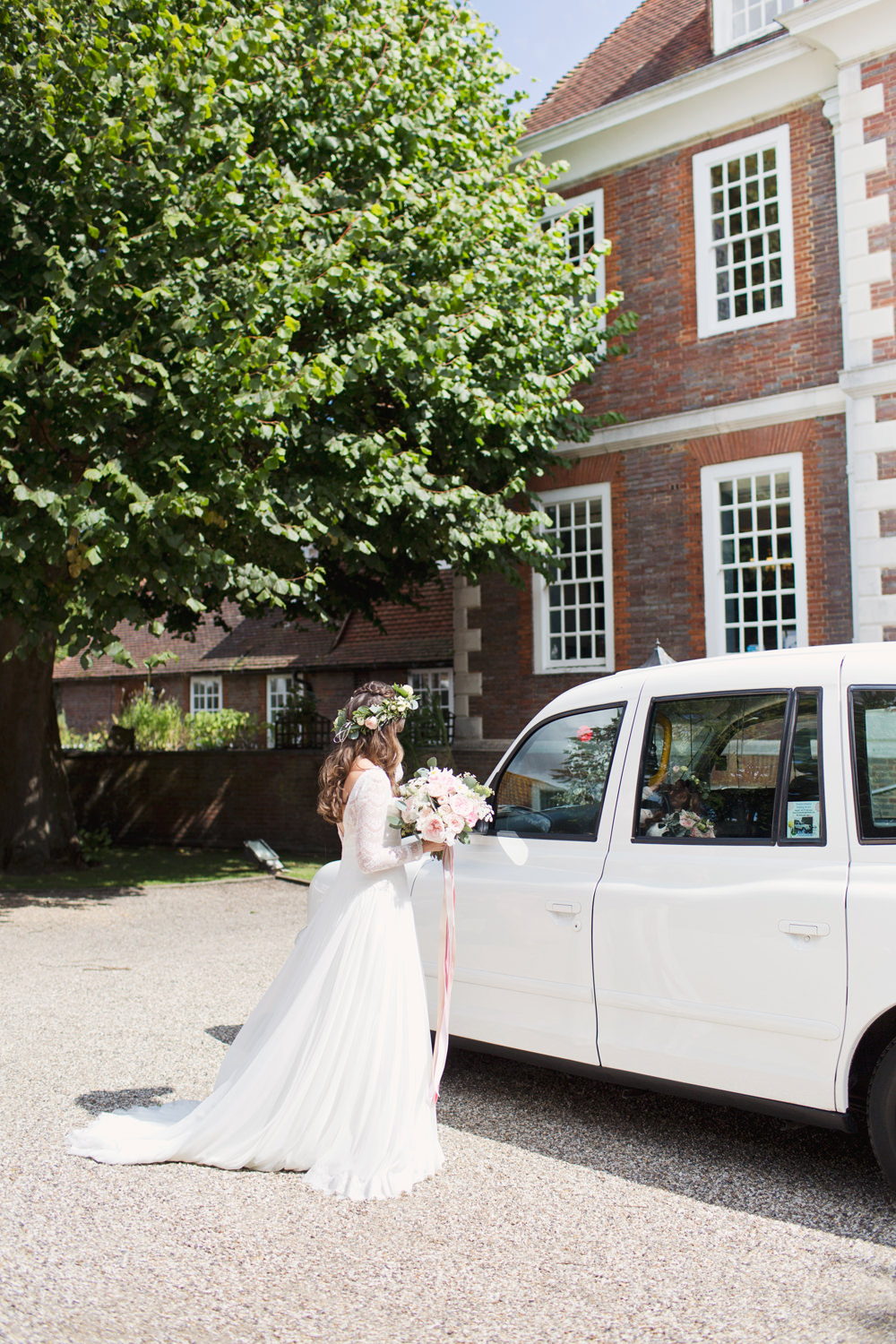 Bride Bridal Long Sleeve Maggie Sottero Lace Dress Flower Crown Ribbon Bouquet White Taxi Cab Preston Court Wedding Cotton Candy Wedding Photography
