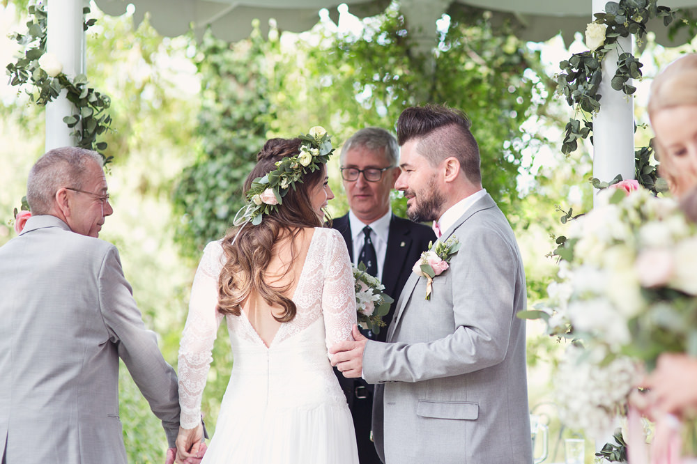 Bride Bridal Long Sleeve Maggie Sottero Lace Dress Flower Crown Grey Suit Groom V Back Preston Court Wedding Cotton Candy Wedding Photography