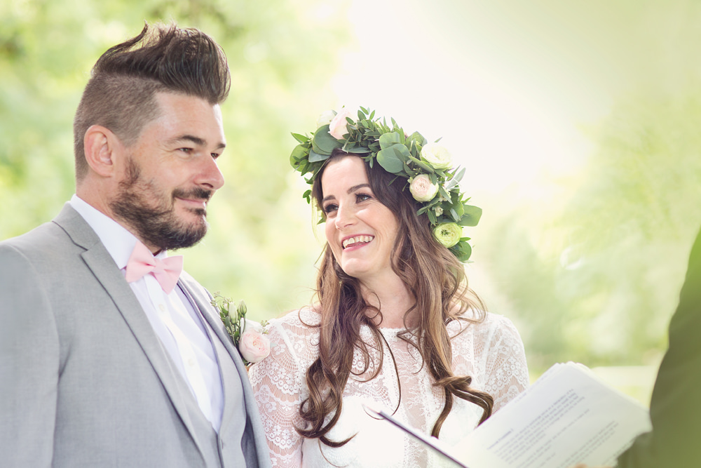 Bride Bridal Long Sleeve Maggie Sottero Lace Dress Flower Crown Grey Suit Groom Pink Bow Tie Preston Court Wedding Cotton Candy Wedding Photography