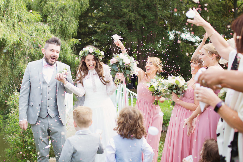 Bride Bridal Long Sleeve Maggie Sottero Lace Dress Flower Crown Grey Suit Groom Waistcoat Pink Bow Tie Confetti Preston Court Wedding Cotton Candy Wedding Photography