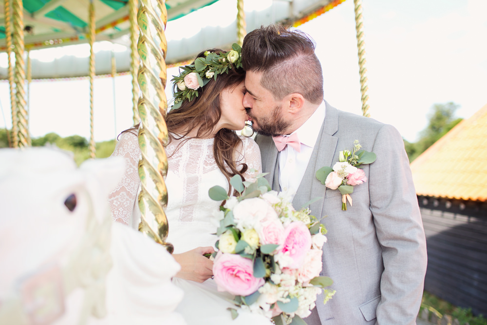 Bride Bridal Long Sleeve Maggie Sottero Lace Dress Flower Crown Grey Suit Groom Bow Tie Pink Waistcoat Bouquet Carousel Preston Court Wedding Cotton Candy Wedding Photography
