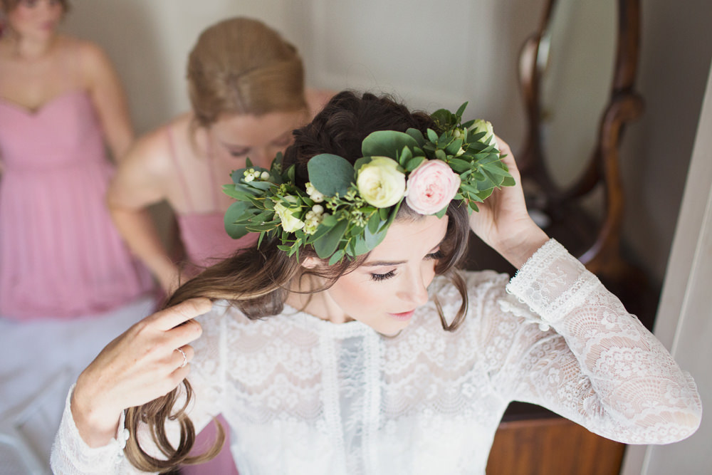 Bride Bridal Long Sleeve Maggie Sottero Lace Dress Flower Crown Preston Court Wedding Cotton Candy Wedding Photography