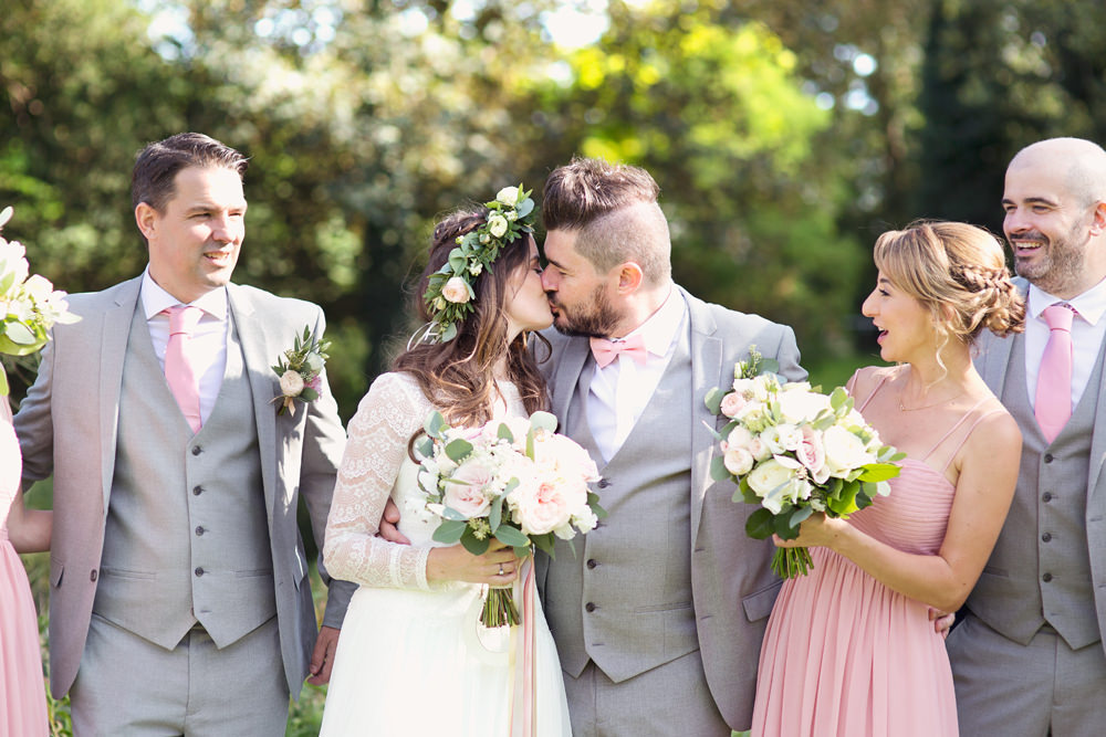 Bride Bridal Long Sleeve Maggie Sottero Lace Dress Flower Crown Grey Suit Groom Bow Tie Pink Waistcoat Pink Strappy Bridesmaids Preston Court Wedding Cotton Candy Wedding Photography