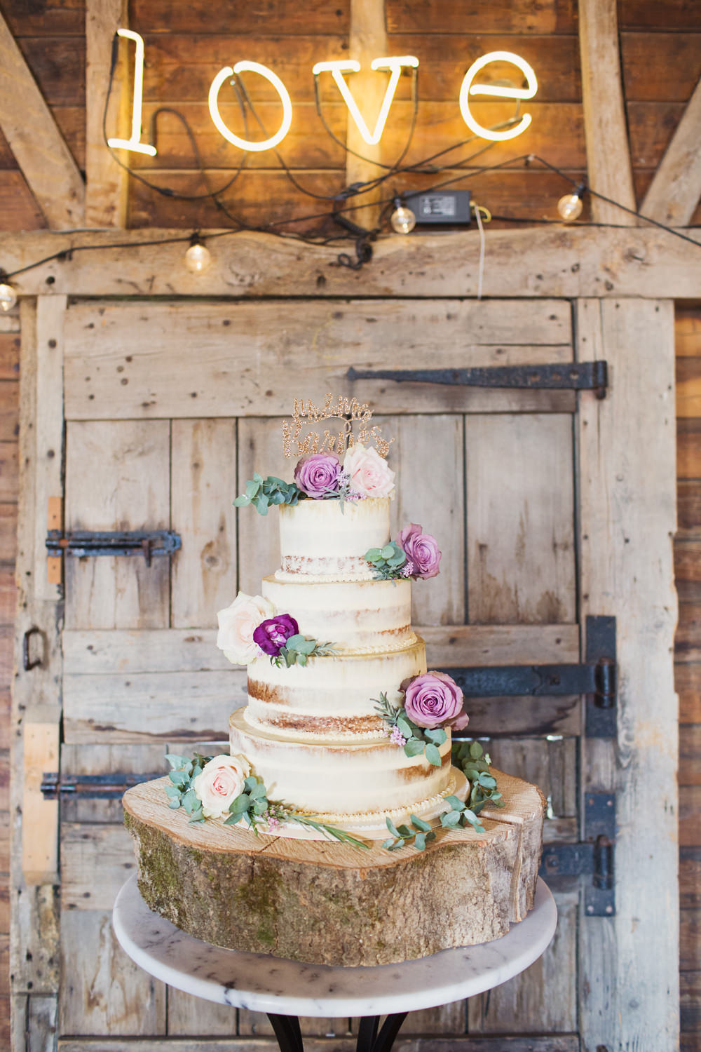 Semi Naked Buttercream Cake Wood Slice Log Flowers Light Up Love Sign Preston Court Wedding Cotton Candy Wedding Photography