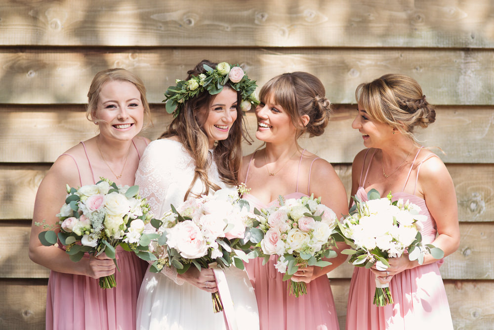 Bride Bridal Long Sleeve Maggie Sottero Lace Dress Flower Crown Pink Strappy Maxi Bridesmaids Preston Court Wedding Cotton Candy Wedding Photography