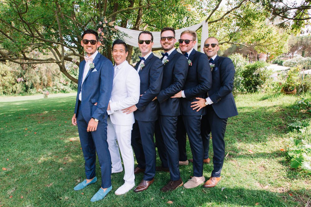 Groomsmen Navy Blue Suit Pink Bow Tie Groom White Saint Tropez Wedding Sophie Boulet Photographe