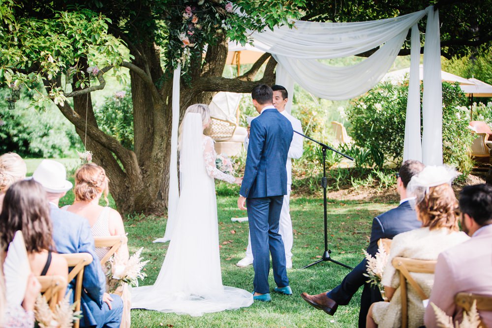 Bride Bridal Long Sleeve Lace Dress Train Navy Blue Suit Groom Veil Saint Tropez Wedding Sophie Boulet Photographe