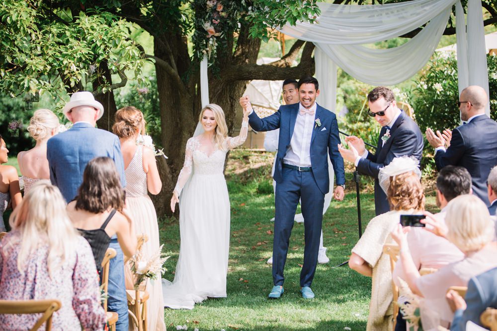 Bride Bridal Long Sleeve Lace Dress Train Navy Blue Suit Pink Bow Tie Groom Saint Tropez Wedding Sophie Boulet Photographe