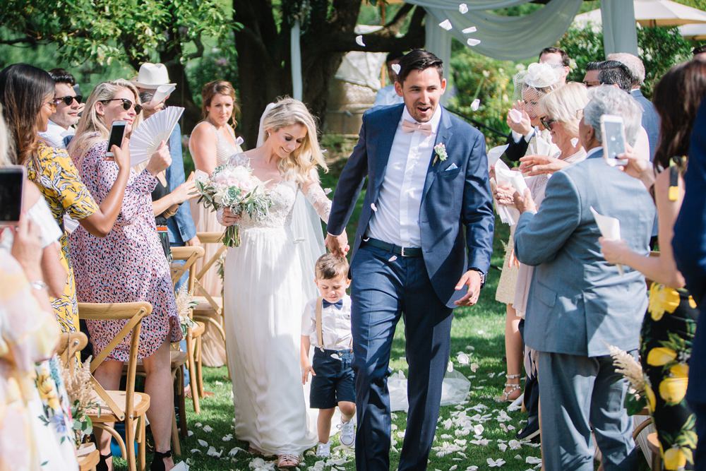 Bride Bridal Long Sleeve Lace Dress Train Navy Blue Suit Groom Pink Bow Tie Bouquet Saint Tropez Wedding Sophie Boulet Photographe