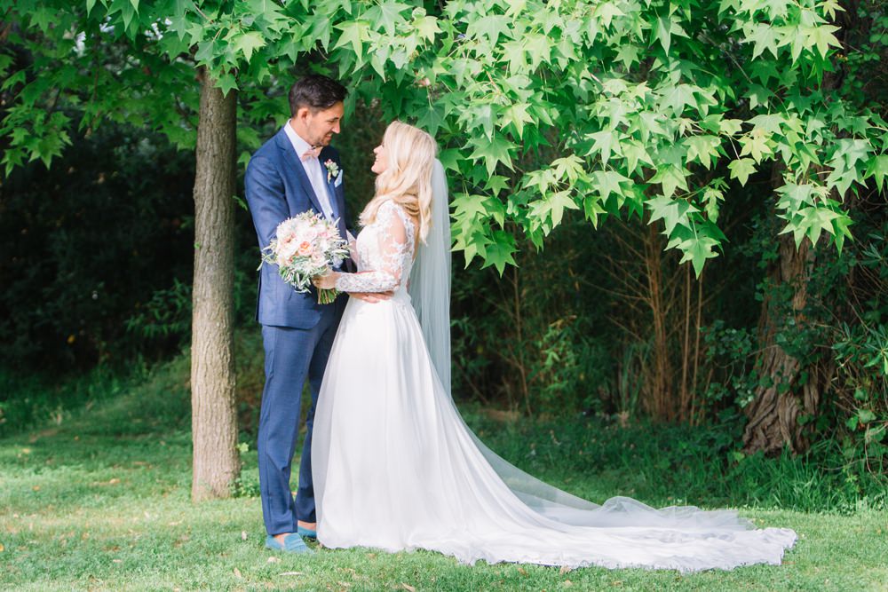 Bride Bridal Long Sleeve Lace Dress Train Navy Blue Suit Groom Bouquet Saint Tropez Wedding Sophie Boulet Photographe