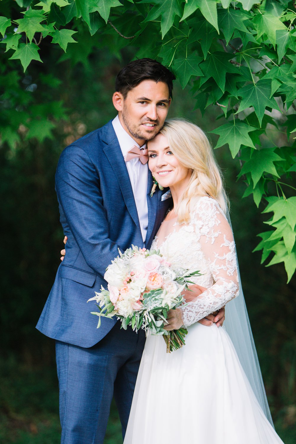 Bride Bridal Long Sleeve Lace Dress Train Navy Blue Suit Groom Pink Bow Tie Bouquet Saint Tropez Wedding Sophie Boulet Photographe