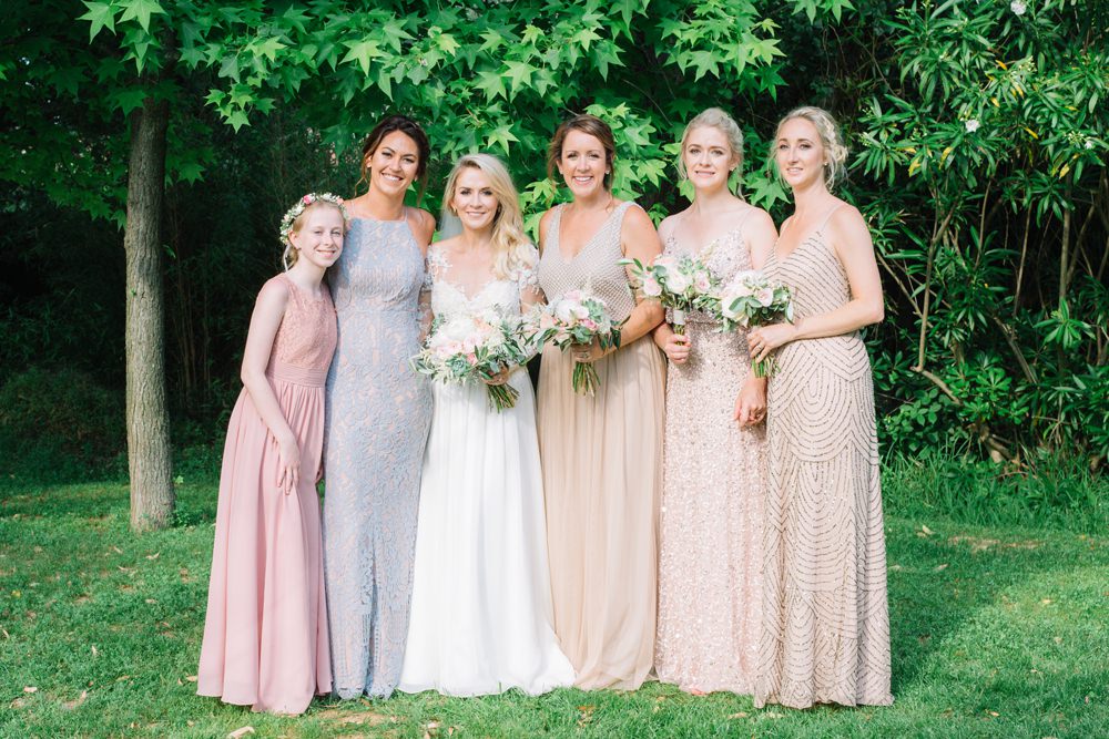 Bride Bridal Long Sleeve Lace Dress Mismatched Pink Blush Bridesmaids Maxi Saint Tropez Wedding Sophie Boulet Photographe