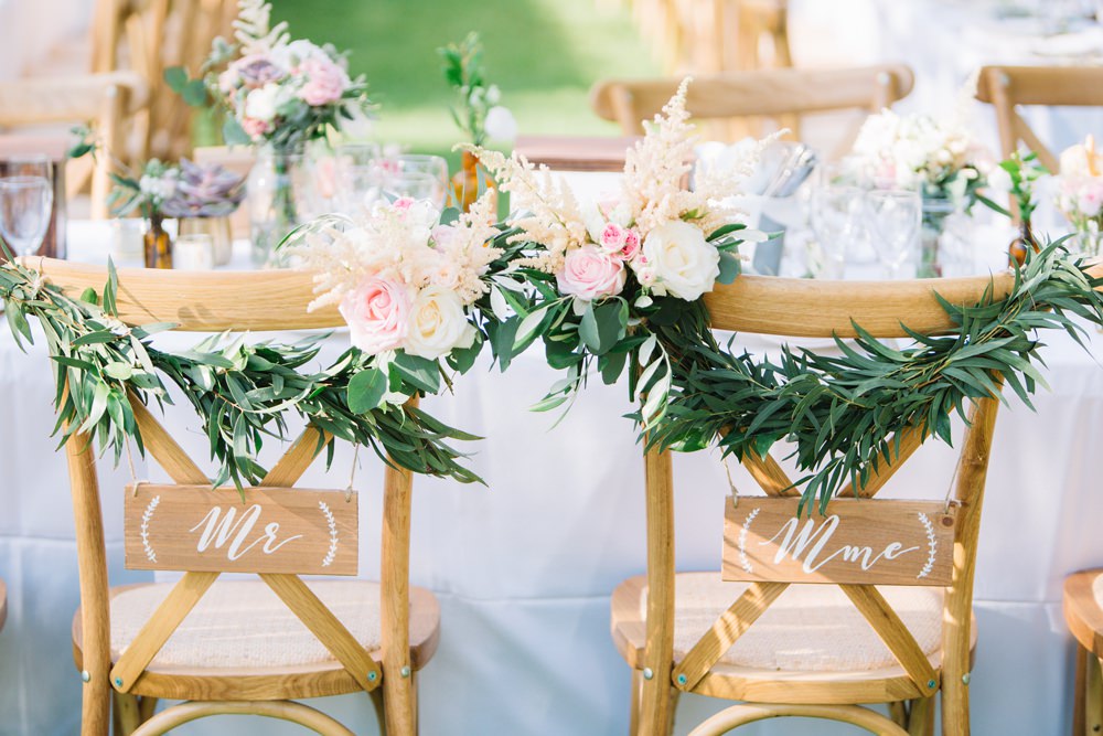 Chair Back Sign Mr Mrs Foliage Greenery Florals Saint Tropez Wedding Sophie Boulet Photographe