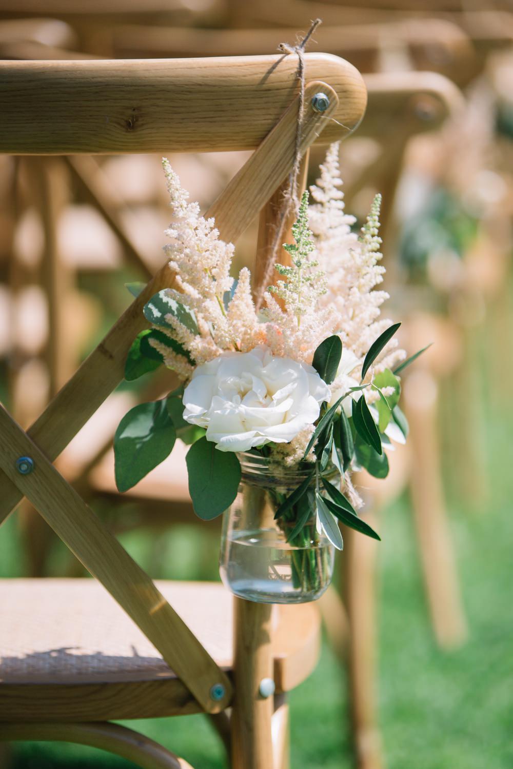 Pew End Chair Jar Flowers Floral Aisle Saint Tropez Wedding Sophie Boulet Photographe