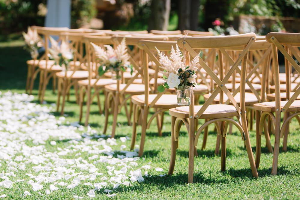 Aisle Chair Pew Ends Jar Florals Flowers Confetti Petal Aisle Saint Tropez Wedding Sophie Boulet Photographe
