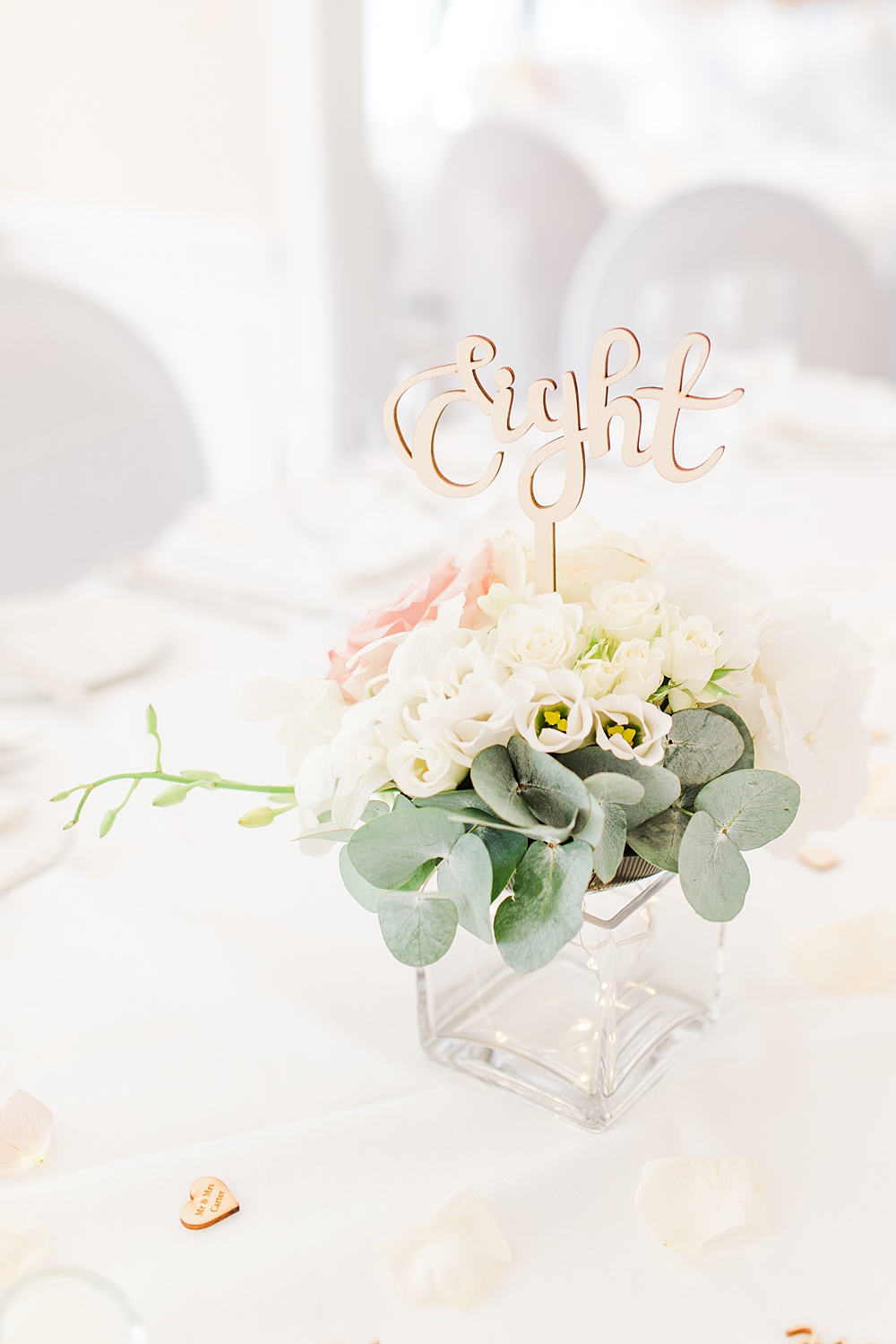 Table Flowers Decor Centrepiece Laser Cut Table Name Eucalyptus Rose Sheene Mill Wedding Terri & Lori Photography and Film Studio