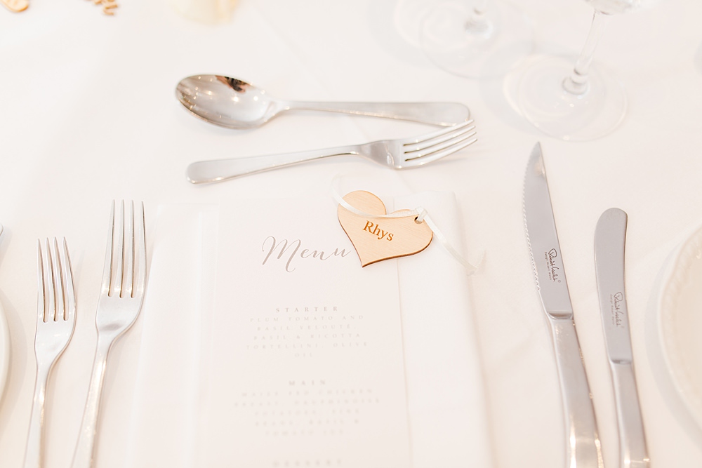 Laser Cut Wooden Heart Place Name Card Setting Sheene Mill Wedding Terri & Lori Photography and Film Studio