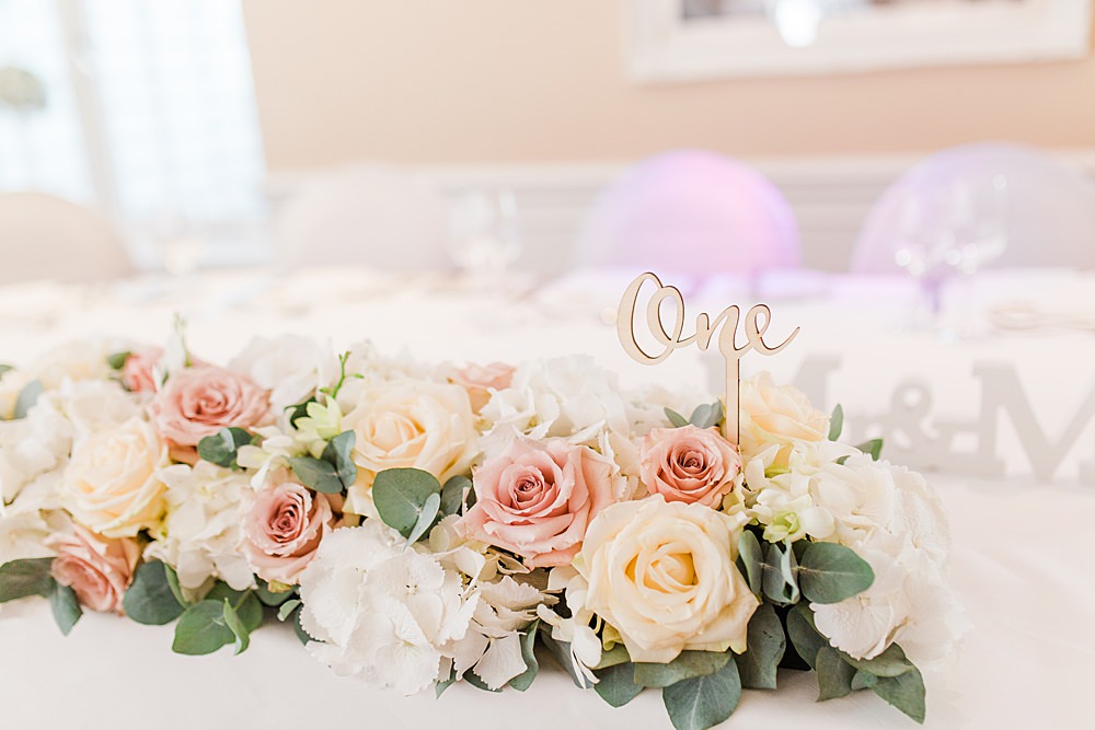 Table Flowers Decor Centrepiece Laser Cut Table Name Eucalyptus Rose Sheene Mill Wedding Terri & Lori Photography and Film Studio