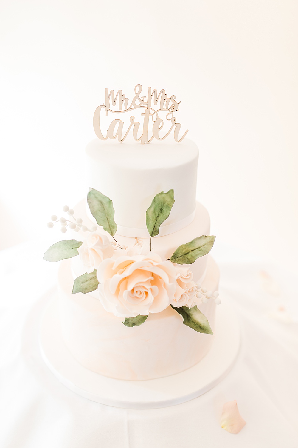 White Cake Blush Flowers Rose Laser Cut Topper Sheene Mill Wedding Terri & Lori Photography and Film Studio