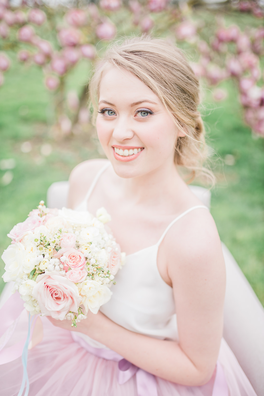 Bouquet Flowers Bride Bridal Bridesmaid Pastel Pink Rose Ribbon Springtime Bridal Shower Ideas Hen Party Laura Jane Photography