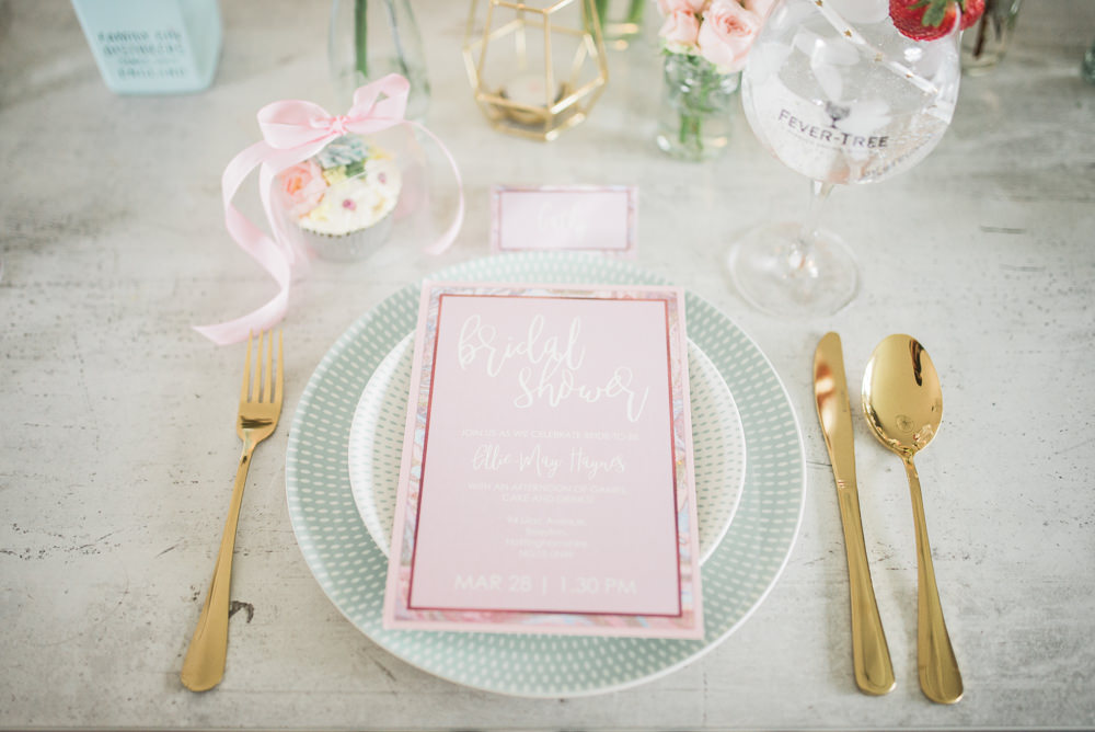 Place Setting Stationery Gold Cutlery Springtime Bridal Shower Ideas Hen Party Laura Jane Photography