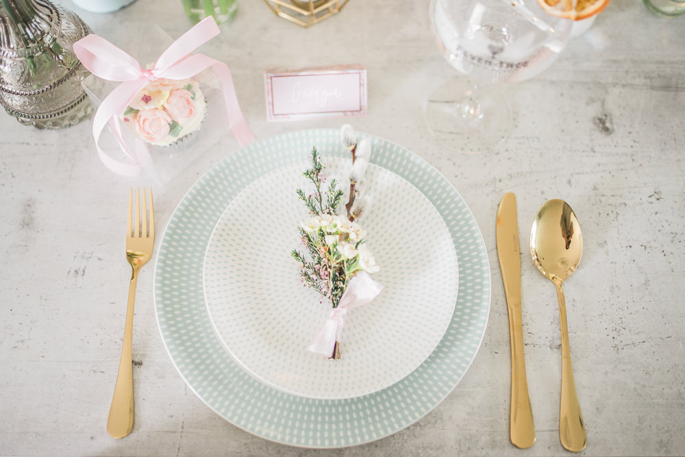 Place Setting Decor Gold Cutlery Flowers Springtime Bridal Shower Ideas Hen Party Laura Jane Photography