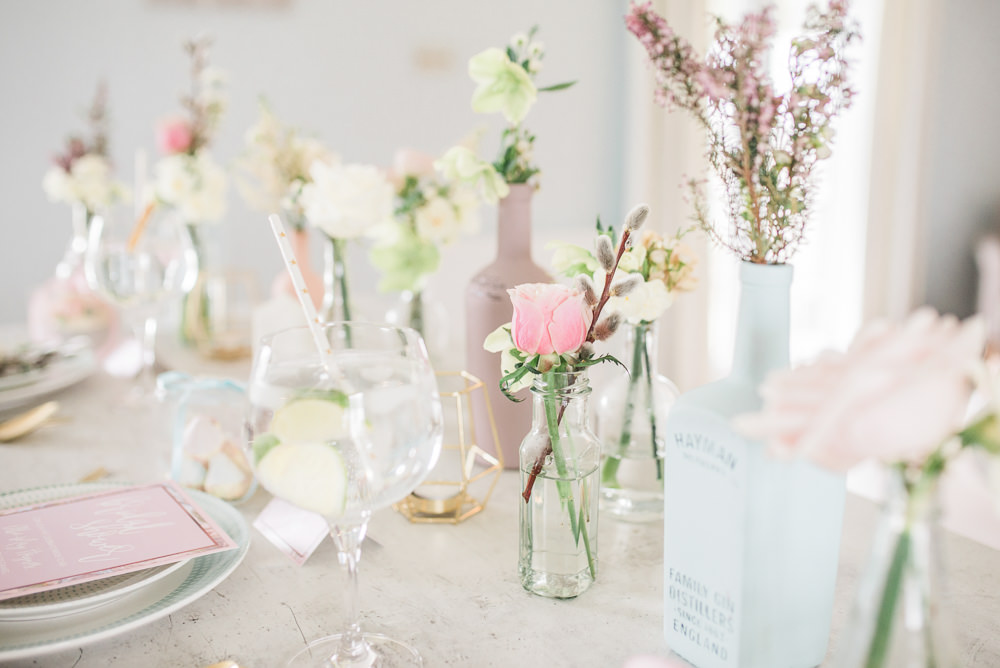 Table Flowers Pretty Decor Tablescape Bottles Springtime Bridal Shower Ideas Hen Party Laura Jane Photography