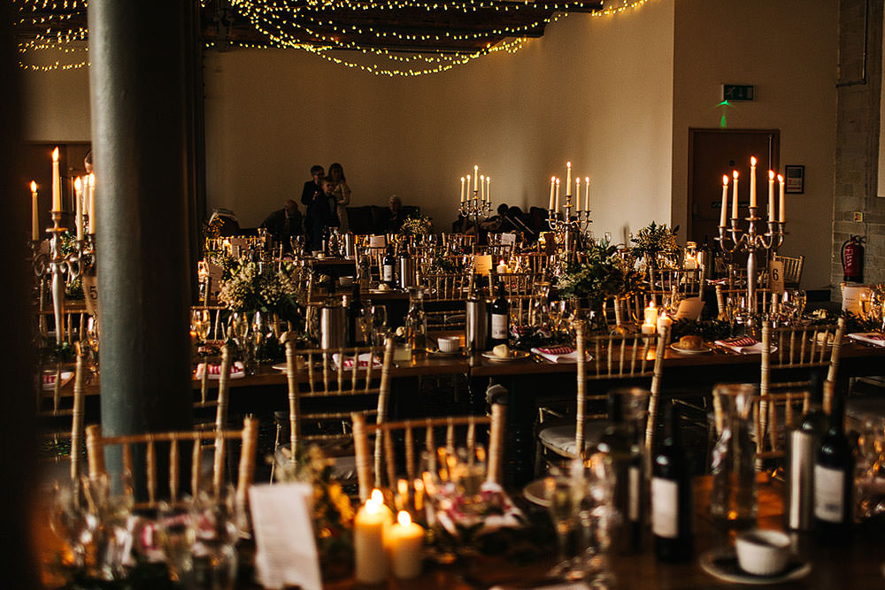 Long Tables Decor Decoration Candles Candelabra Greenery Foliage Fairy Lights Lighting The Arches Halifax Wedding Paul Joseph Photography