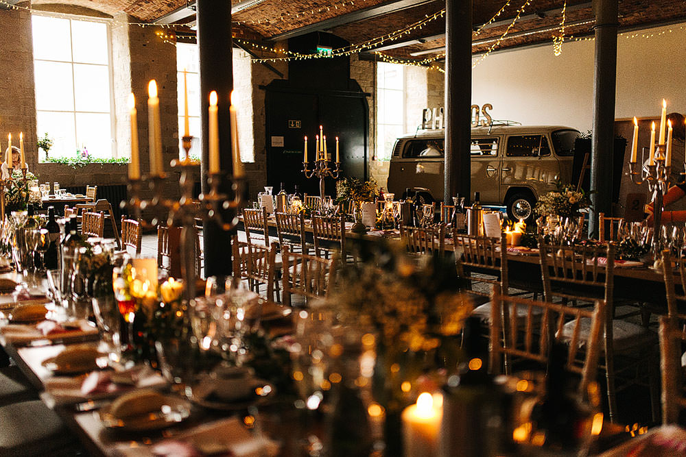 Long Tables Decor Decoration Candles Candelabra Greenery Foliage Fairy Lights Lighting The Arches Halifax Wedding Paul Joseph Photography