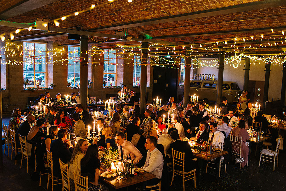 Long Tables Decor Decoration Candles Candelabra Greenery Foliage Fairy Lights Lighting The Arches Halifax Wedding Paul Joseph Photography
