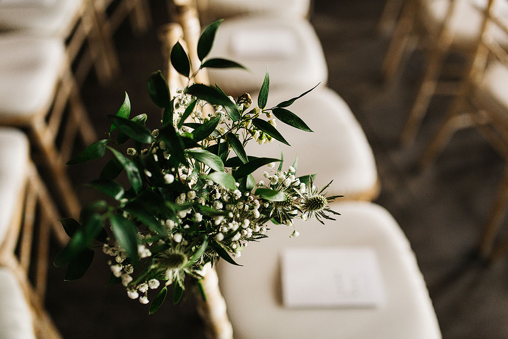 Chair Flowers Greenery Foliage Pew End Cermeony Aisle The Arches Halifax Wedding Paul Joseph Photography