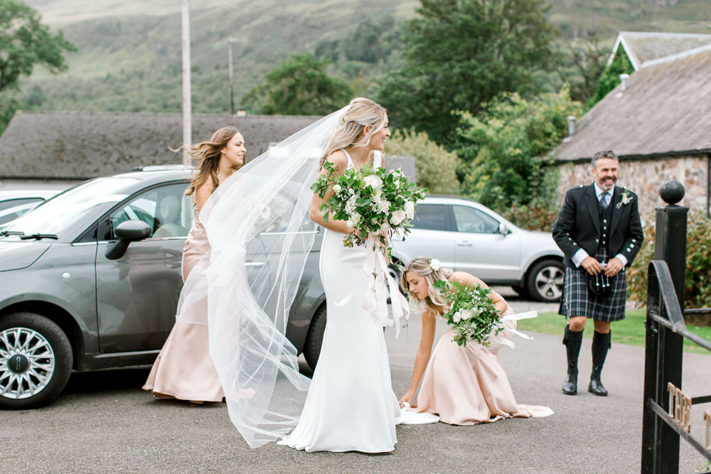 Bride Bridal Deep V Plunge Neckline Dress Sleeveless Slim Fit Veil Tin Shed Knockraich Farm Wedding The Gibsons Photography