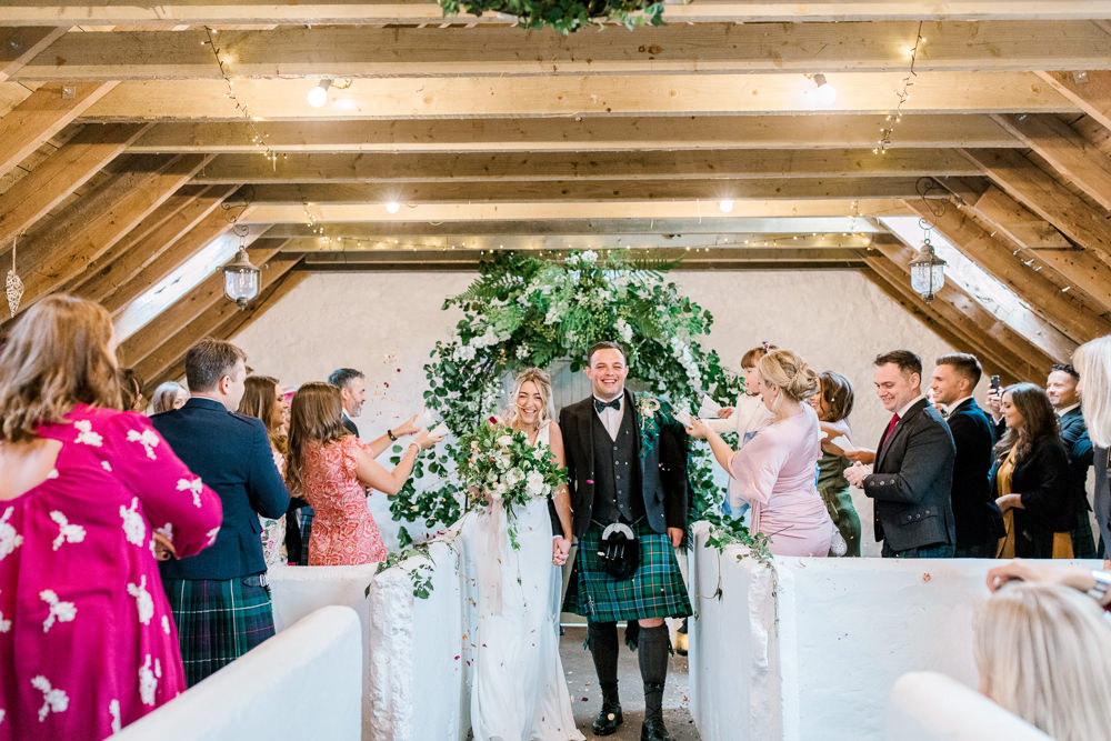 Bride Bridal Deep V Plunge Neckline Dress Sleeveless Slim Fit Ogilvie Tartan Kilt Groom Veil Confetti Tin Shed Knockraich Farm Wedding The Gibsons Photography