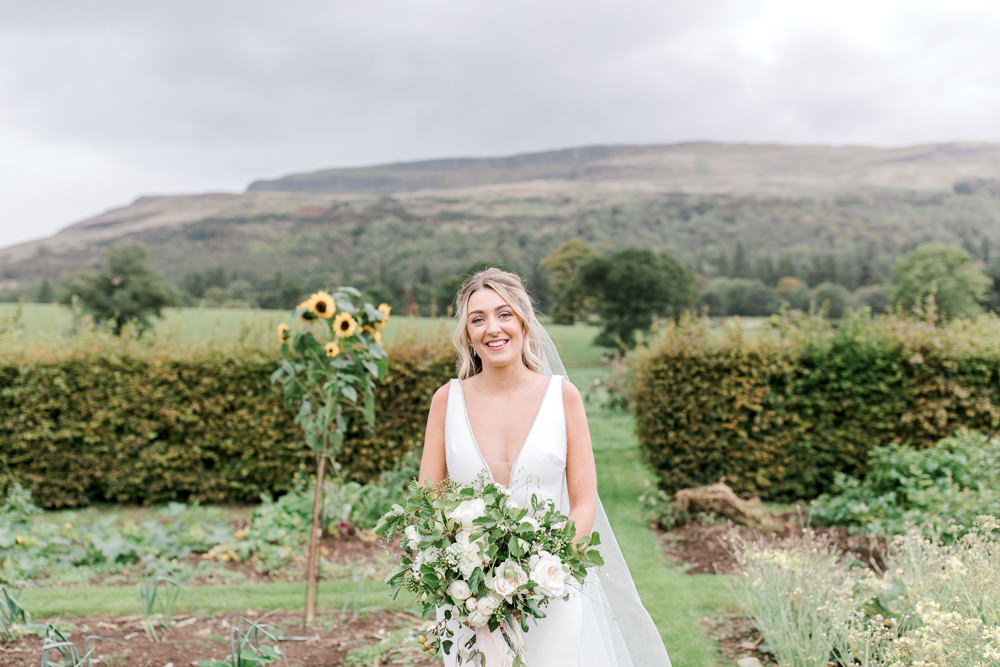 Bride Bridal Deep V Plunge Neckline Dress Sleeveless Slim Fit Veil White Foliage Bouquet Tin Shed Knockraich Farm Wedding The Gibsons Photography