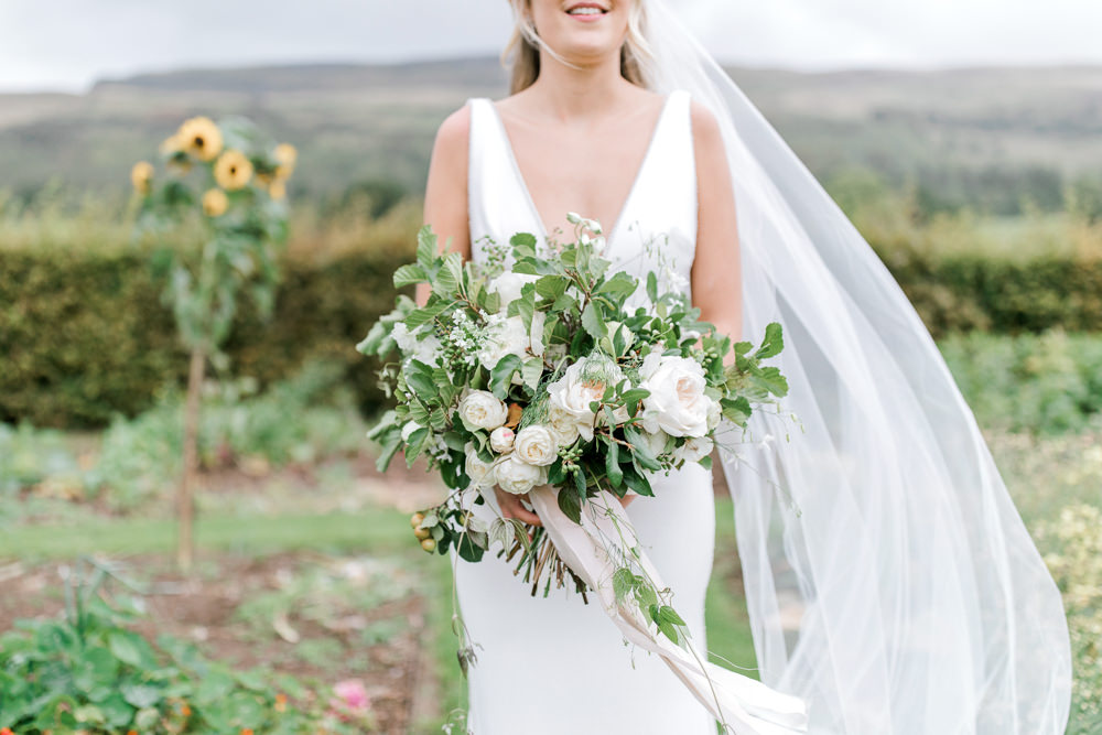 Bride Bridal Greenery White Flower Bouquet Ribbon Tin Shed Knockraich Farm Wedding The Gibsons Photography