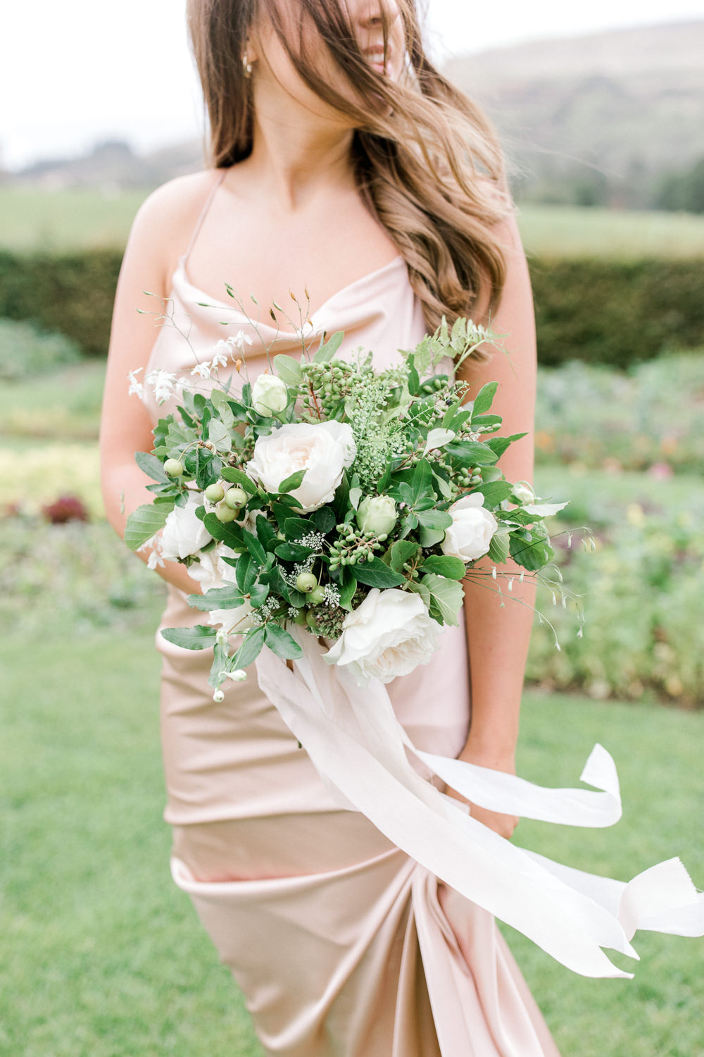 White Flower Greenery Foliage Bouquet Ribbon Tin Shed Knockraich Farm Wedding The Gibsons Photography
