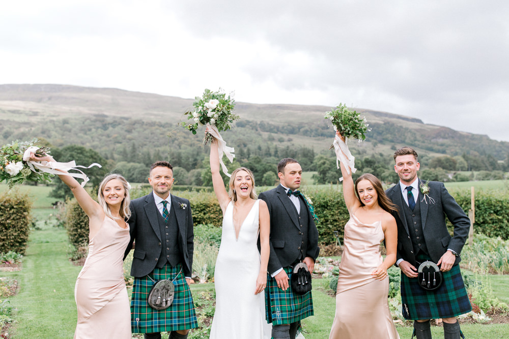 Bride Bridal Deep V Plunge Neckline Dress Sleeveless Slim Fit Ogilvie Tartan Kilt Groom Veil Peach Silk Bridesmaids Tin Shed Knockraich Farm Wedding The Gibsons Photography