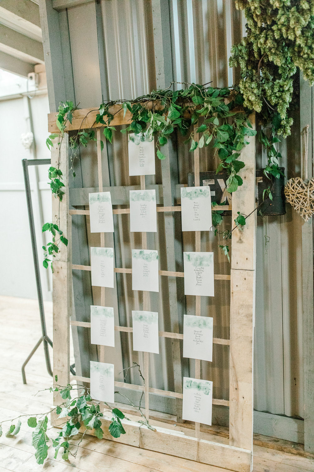 Wooden Frame Table Plan Seating Chart Greenery Foliage Tin Shed Knockraich Farm Wedding The Gibsons Photography