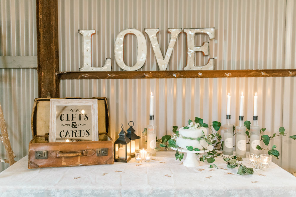 Gifts Cards Suitcase Foliage Candles Tin Shed Knockraich Farm Wedding The Gibsons Photography