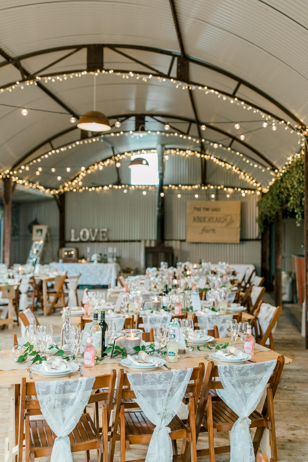 Lace Chair Backs Fairy Lights Tin Shed Knockraich Farm Wedding The Gibsons Photography