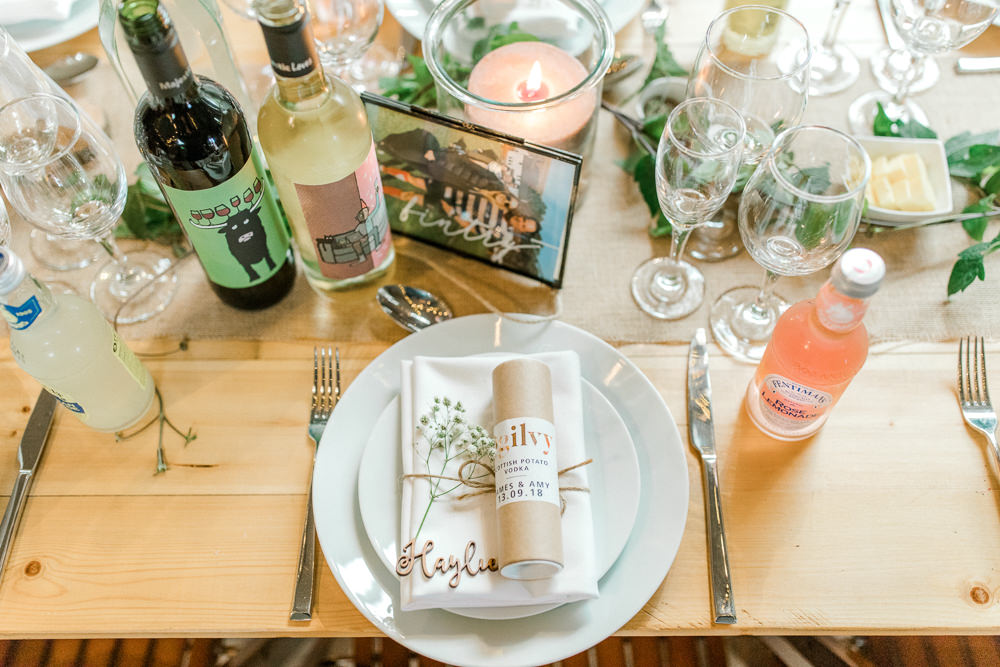 Table Setting Gypsophila Laser Cut Place Name Greenery Tin Shed Knockraich Farm Wedding The Gibsons Photography