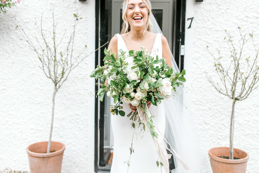 Bride Bridal Deep V Plunge Neckline Dress Sleeveless Slim Fit Foliage Bouquet Veil Tin Shed Knockraich Farm Wedding The Gibsons Photography