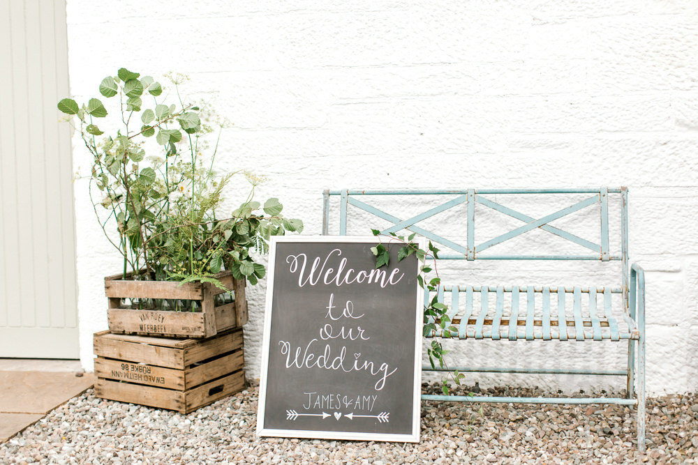 Chalk Board Welcome Sign Crate Foliage Tin Shed Knockraich Farm Wedding The Gibsons Photography