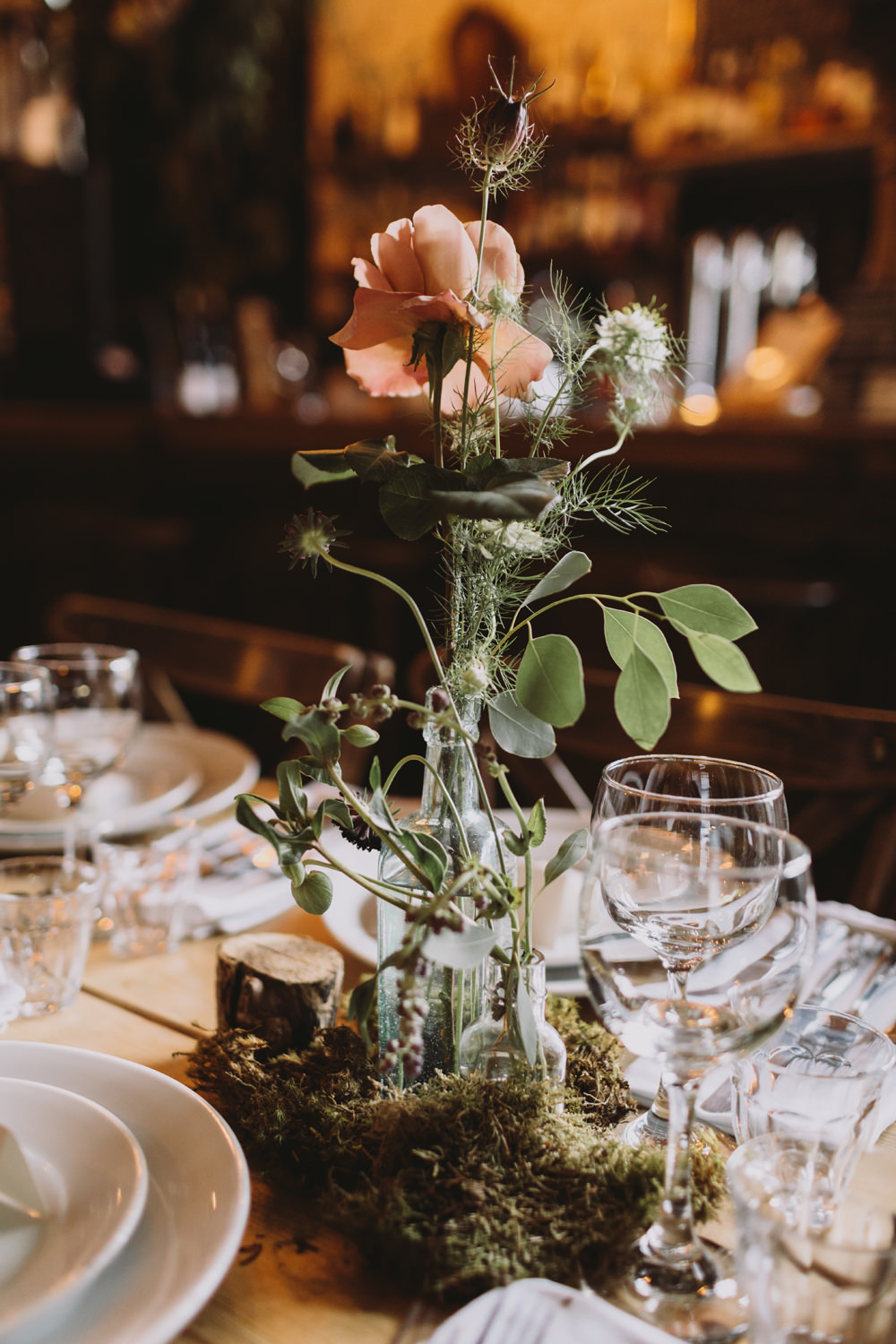Table Centre Bottle Flowers Floral Greenery Moss Tram House Wedding Luke Hayden Photography